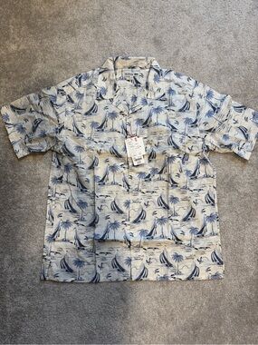 reyn spooner Cream and Blue Tropical Print Men's Button-Down Shirt